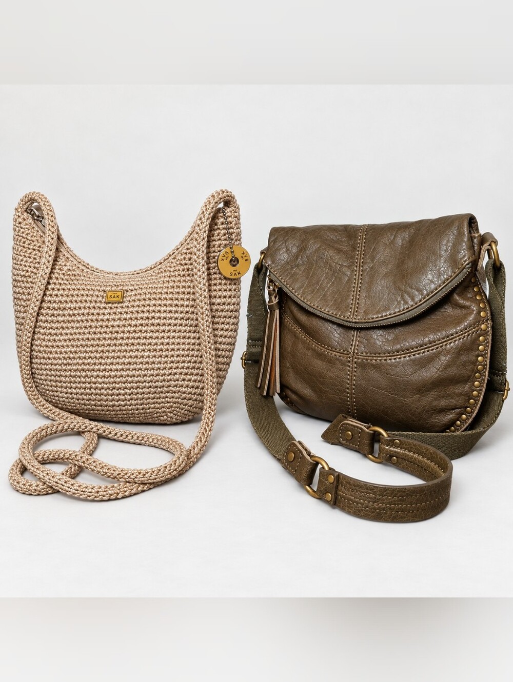 The Sak 2-Piece Handbag Bundle Crochet Crossbody & Olive Leather Bag
